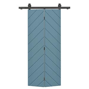 Herringbone 20 in. x 80 in. Hollow Core Dignity Blue Painted MDF Composite Bi-Fold Barn Door with Sliding Hardware Kit