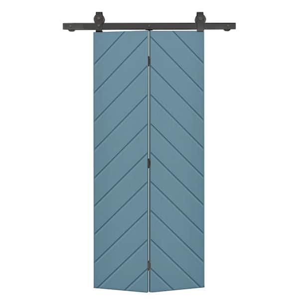 CALHOME Herringbone 28 in. x 80 in. Hollow Core Dignity Blue Painted MDF Composite Bi-Fold Barn Door with Sliding Hardware Kit