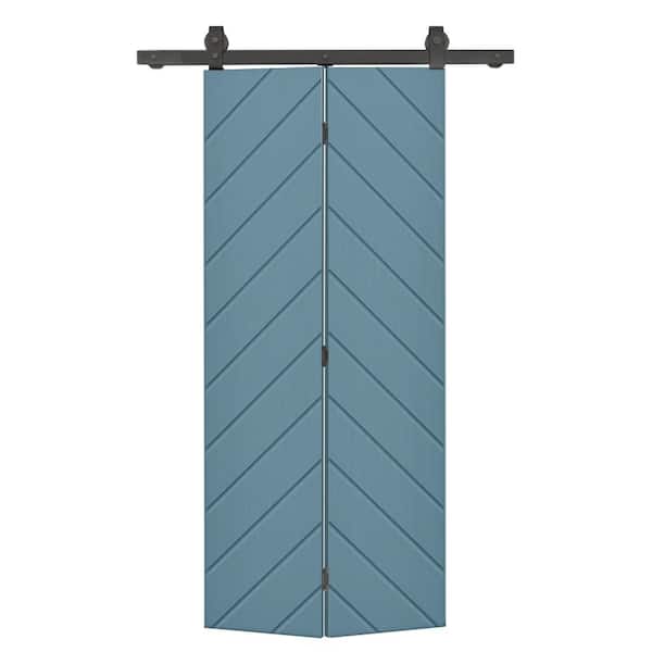 CALHOME Herringbone 38 in. x 80 in. Hollow Core Dignity Blue Painted MDF Composite Bi-Fold Barn Door with Sliding Hardware Kit