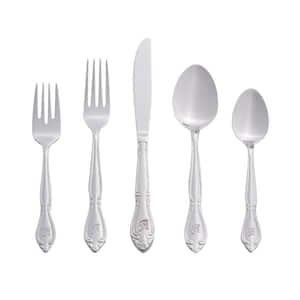 Rose Monogrammed Letter R 46-Piece Silver Stainless Steel Flatware Set (Service for 8)