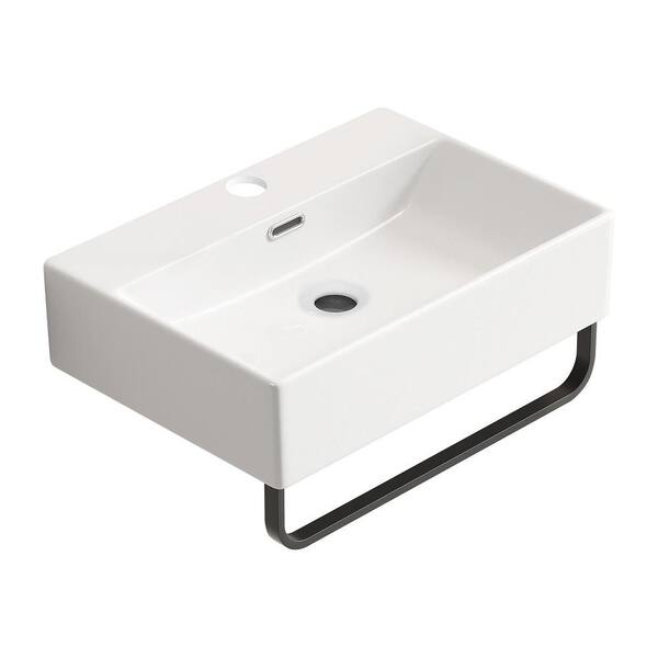 20.08 in. W x 14.18 in. D x 5.12 in. H Wall Mounted Bathroom Ceramic Sink in White with Towel Rack