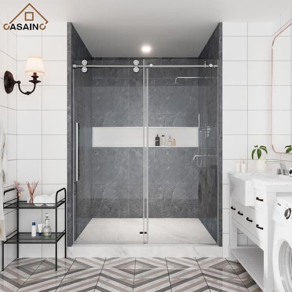 CASAINC 60 in. W x 76 in. H Sliding Frameless Shower Door in Brushed Nickel Finish with Clear Glass