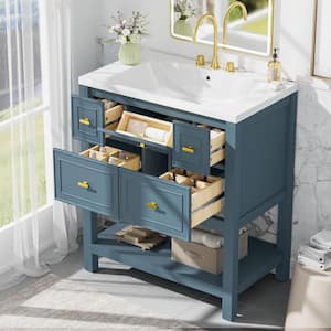 29.56 in. W x 17.79 in. D x 33 in. H Single Sink Freestanding Bath Vanity in Blue with White Resin Top and Storage