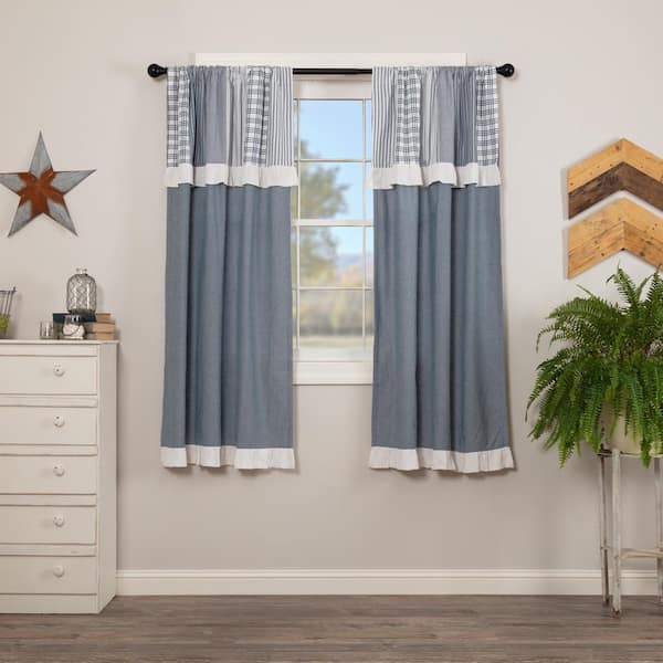 VHC BRANDS Sawyer Mill Blue 36 in W x 63 in L Chambray Attached Valance Light Filtering Rod Pocket Window Panel Blue White Pair