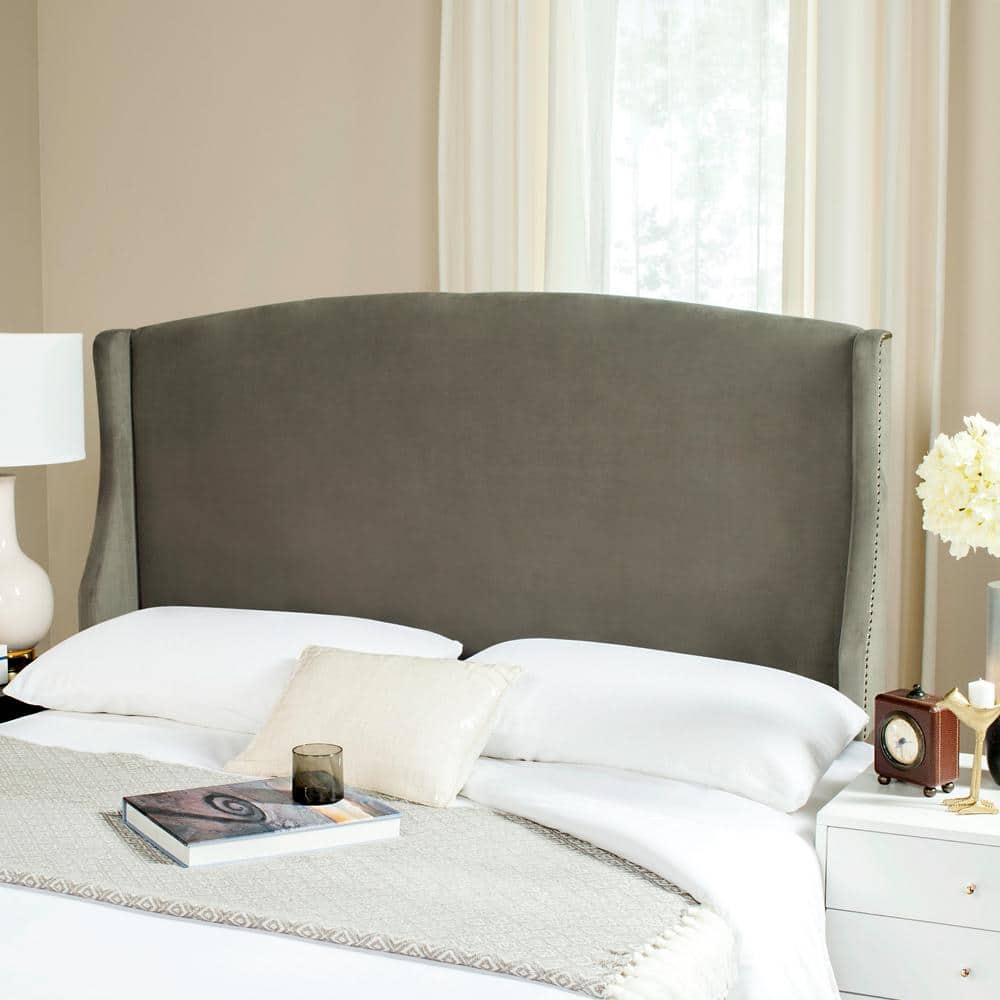 Pewter Velvet Wingback Full Headboard with Silver Nailhead Trim