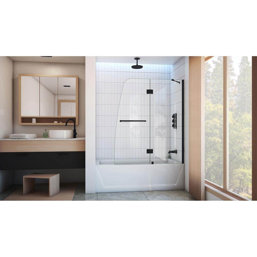 Aqua 48" Matte Black Frameless Hinged Tub Door with Clear Glass