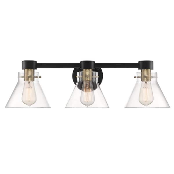 Willow Creek 25 in. 3-Light Matte Black Contemporary Vanity Light with Clear Glass Shades