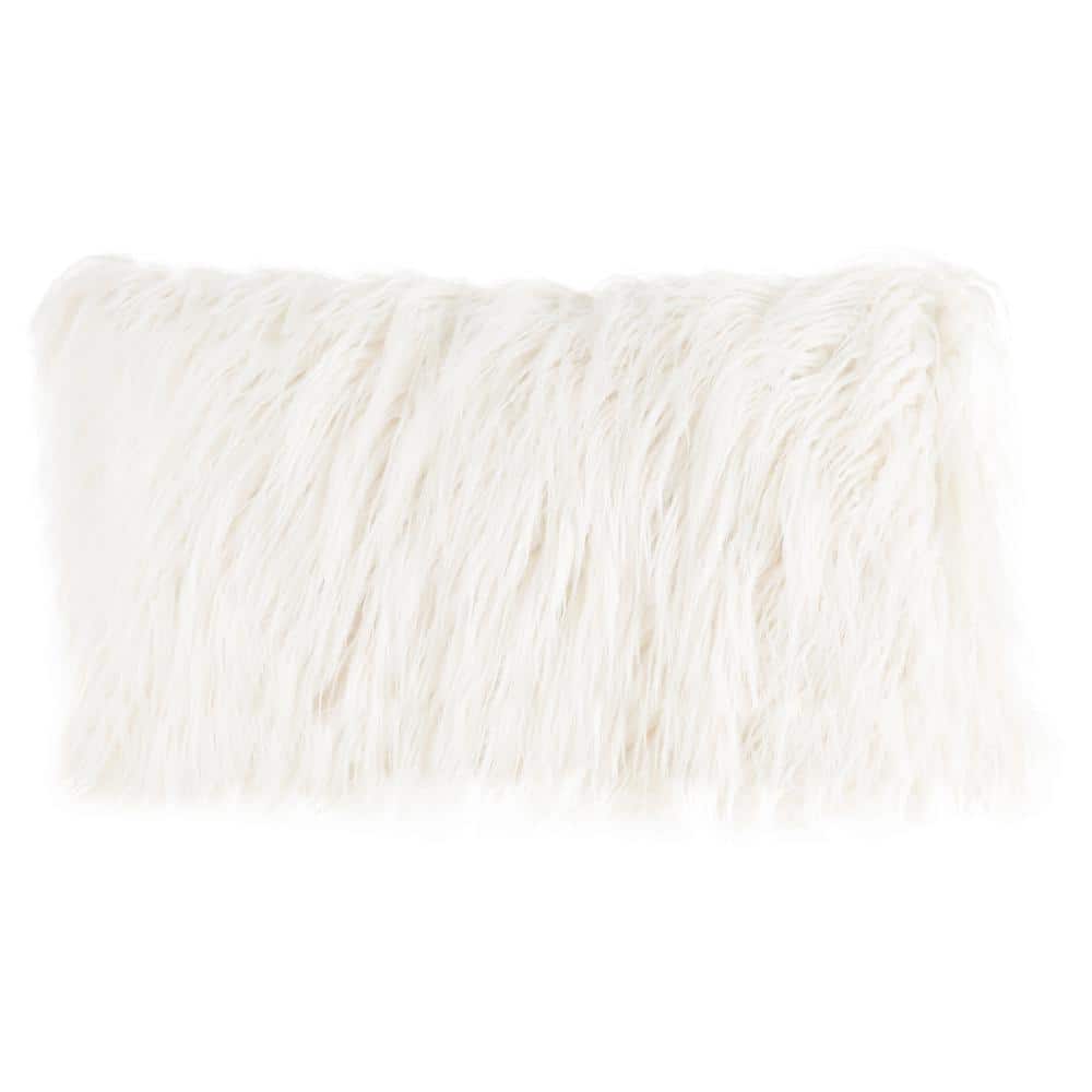 Lavish Home White 12 in. W x 20 in. L Faux Mongolian Fur Decorative Lumbar Throw Pillow