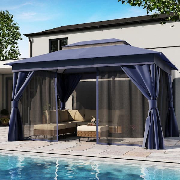 10 ft. x 13 ft. Blue Outdoor Patio Gazebo with Double Roof, Nettings and Privacy Screens