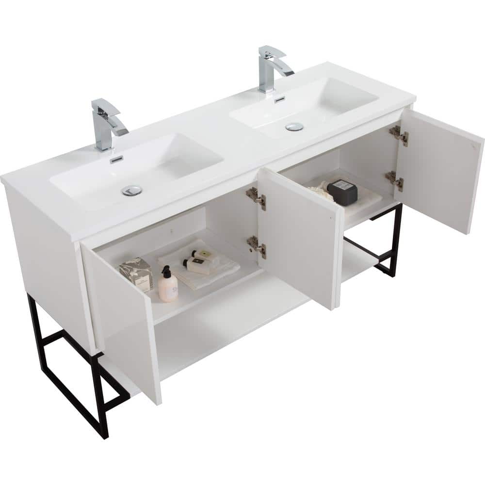 Allen 60 in. Freestanding White Bath Vanity Open-Shelf Bathroom Storage Van
