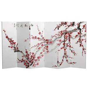 4 ft. Short Plum Blossom Canvas 6-Panel Folding Screen