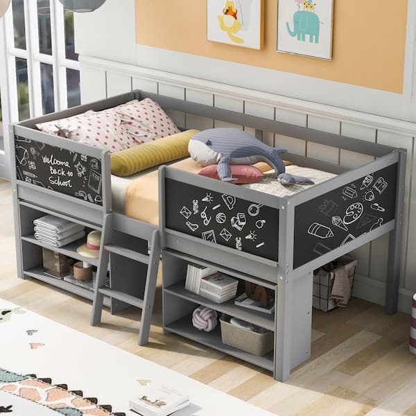 Harper & Bright Designs Gray Wood Frame Twin Size Low Loft Bed with 4 Decorative Guardrail Blackboards, 2 Movable Shelves, Mini Sloping Ladder