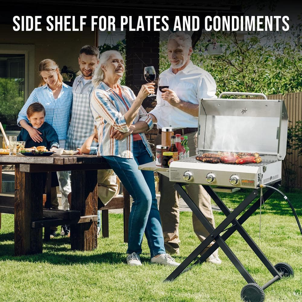 Compact Stainless Steel 3-Burner Propane Gas Grill with Foldable Cart