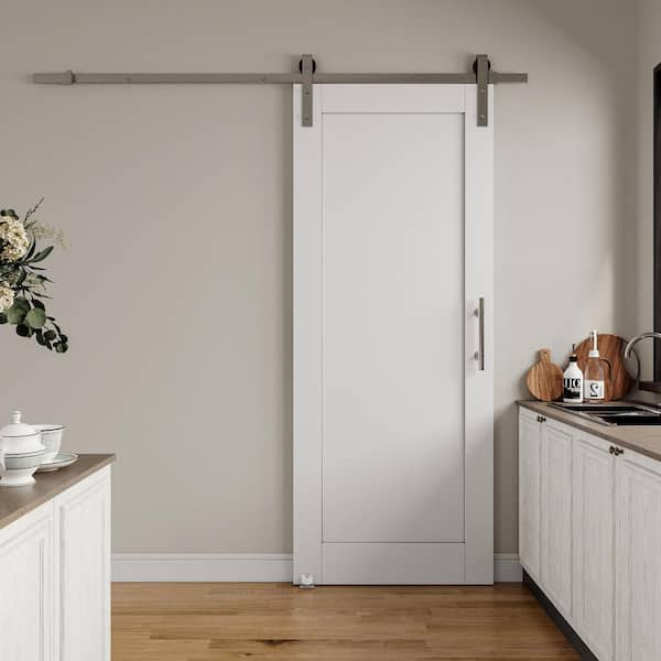 32 in. x 96 in. White 1-Panel Blank Solid Core Composite MDF Primed Sliding Barn Door with Hardware Kit Nickel Plated