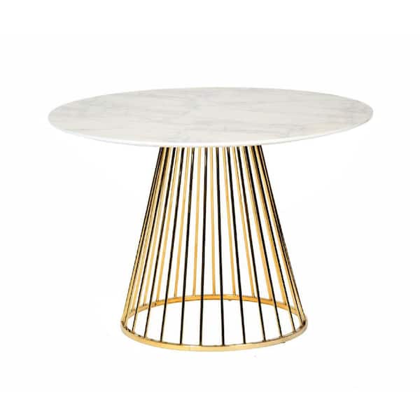 Benjara Modern Style 43 in. White and Gold Metal Pedestal Base Dining Table (Seats 4)