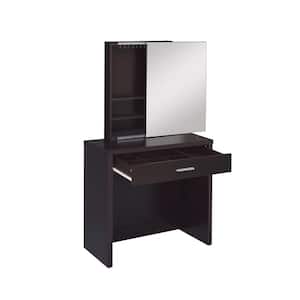 2-Piece Cappuccino and Black Vanity Set with Hidden Mirror Storage and Lift-Top Stool