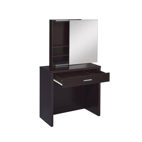 Coaster 2-Piece Cappuccino and Black Vanity Set with Hidden Mirror Storage and Lift-Top Stool