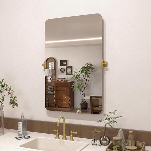 Solvix 24 in. H x 36 in. W Rectangular Framed Tilt Wall Mount Bathroom Vanity Mirror in Brushed Gold