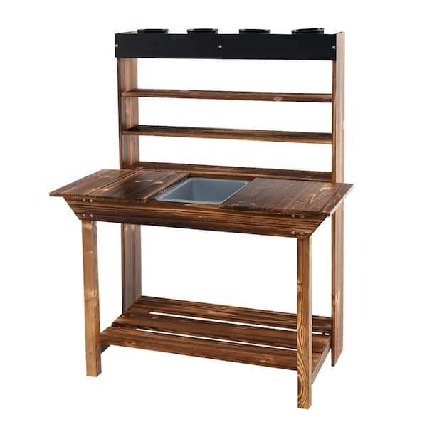 ANGELES HOME 28 in. W x 36 in. H Brown Solid Fir Wood Potting Bench Table for Kids