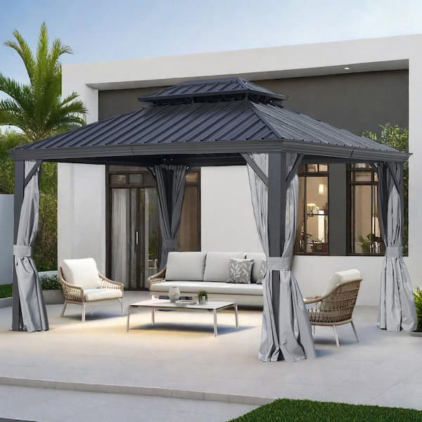 10 ft. x 12 ft. Black Outdoor Aluminum Hardtop Gazebo with Metal Double Roof Pergola, Netting, and Curtain