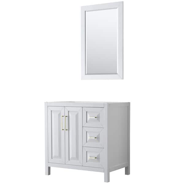 Wyndham Collection Daria 35 in. W x 21.5 in. D x 35 in. H Bath Vanity Cabinet without Top in White with Gold Trim and 24 in. Mirror