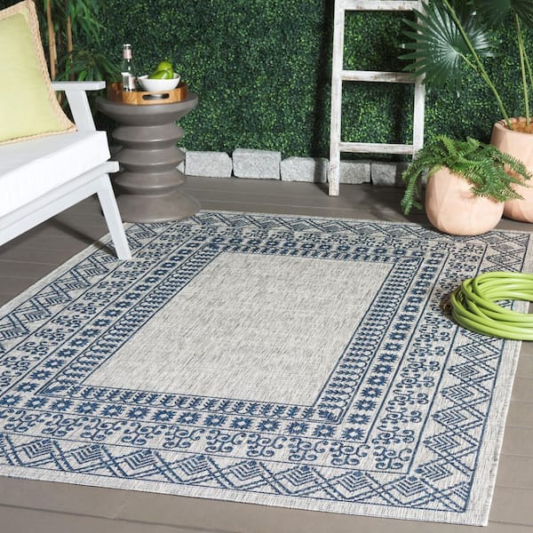 Courtyard Gray/Navy 7 ft. x 10 ft. Border Ornate Indoor/Outdoor Area Rug