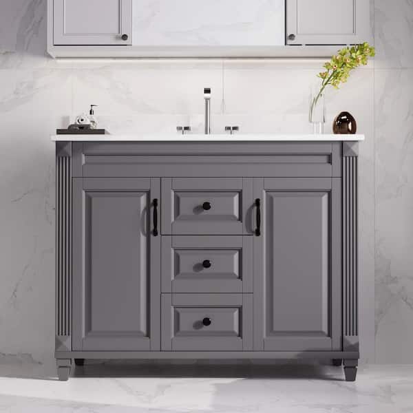 JEAREY JEAREY 42 in. Single Sink Gray Bath Vanity with White Marble Top (Assembled)