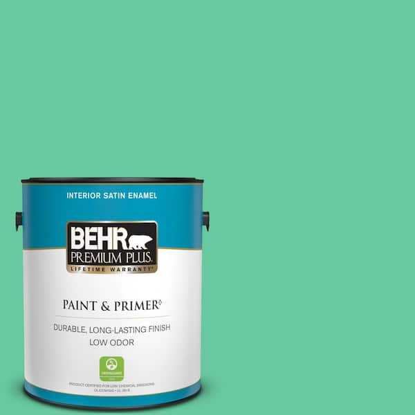 BEHR PREMIUM PLUS 1 gal. #470B-4 Intense Jade Satin Enamel Low Odor Interior Paint & Primer