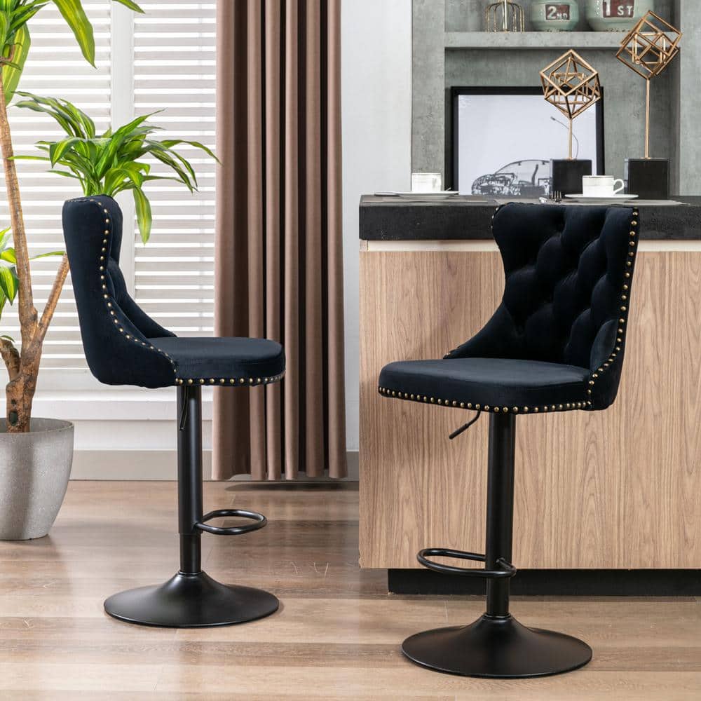 33 in. Black High Back Metal Barstools with Swivel Velvet Adjustable Seat H