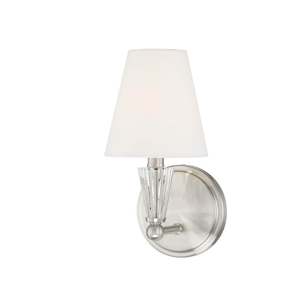 Brushed Nickel Crystal Accent Dimmable Wall Sconce with White Fabric Shade