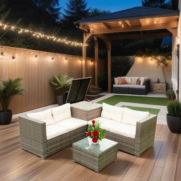 Unbranded Outdoor Rattan 4-Piece Wicker Patio Conversation Set with Beige Cushions and Storage Box Sectional Loveseat Couch Set