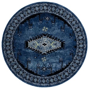 Vintage Hamadan Blue/Black 7 ft. x 7 ft. Border Medallion Floral Round Area Rug