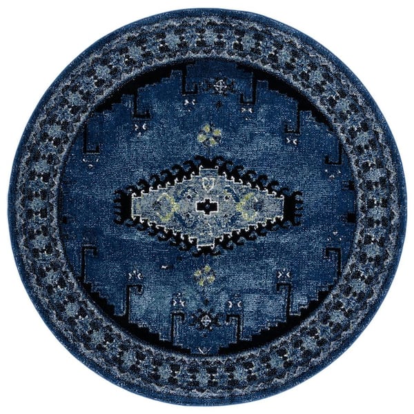 SAFAVIEH Vintage Hamadan Blue/Black 7 ft. x 7 ft. Border Medallion Floral Round Area Rug