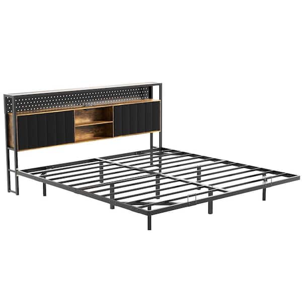 Multi-Colored Metal Frame King Size Platform Bed Floating Bed with LED Light and Charging Station Upholstered Headboard