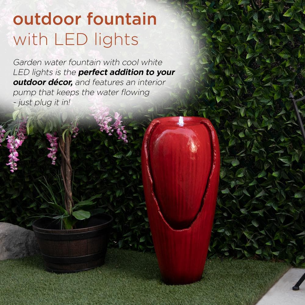 Red 32" Fiberglass Jar Water Fountain with LED Light