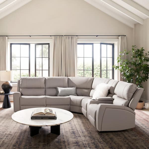 122 in. Modern Power Motion 6-Piece Reclining Leather Corner Sectional Sofa with Cup Holders in. Classic Light Gray