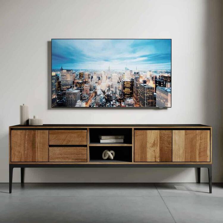 Urban Woodcraft Kolt 68 in. Natural Wood Finish, 2-Shelf TV Stand