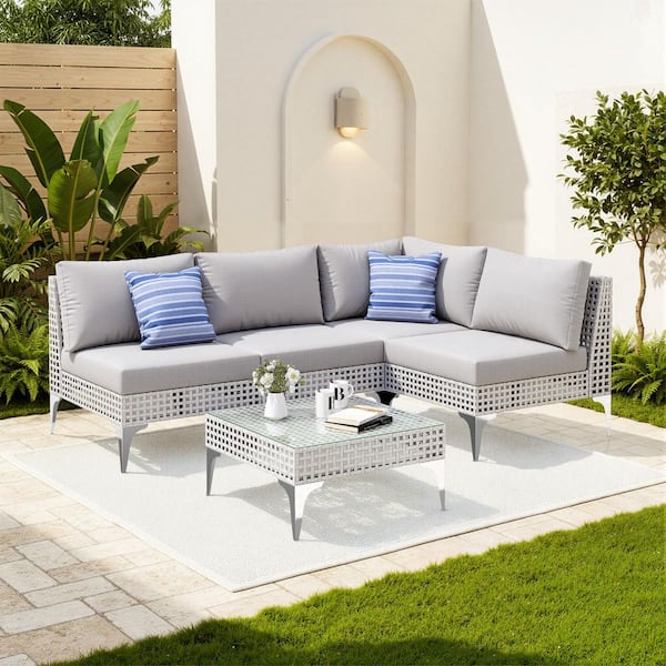 Modular 5-Piece Wicker Outdoor Serving Bar Set with Cushion, Coffee Table-Sectional Patio Furniture for Deck or Garden