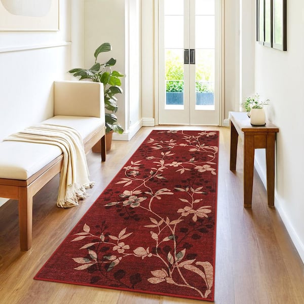 Red 2x6 Plant Floral Rug Machine Washable Ultra-Thin Soft Foldable Polyester