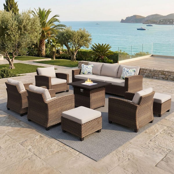 PHI VILLA Brown Rattan Wicker 8-Piece Steel Outdoor Patio