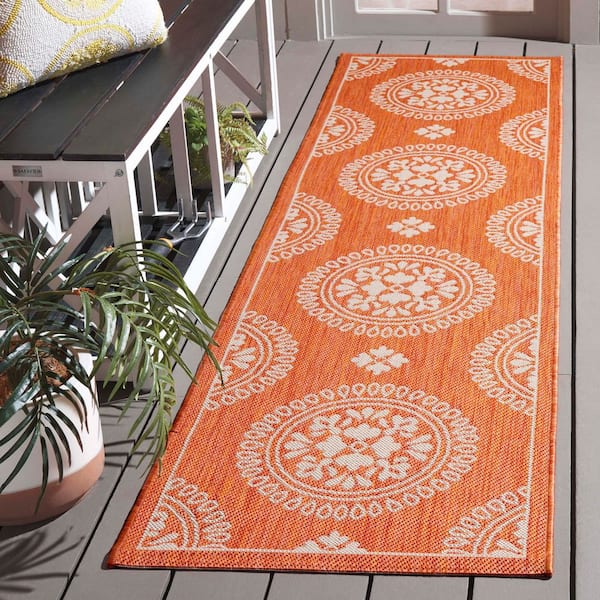 Courtyard Terracotta 2 ft. x 8 ft. Floral Geometric Indoor/Outdoor Runner Rug