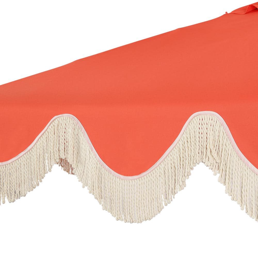 Collins 9 ft. Coral Red and Cream Tassel Patio Umbrella with Auto-Tilt