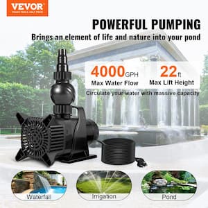 Submersible Fountain Pump 4000GPH 360° Waterfall Pond Pump 330-Watt 22 ft. Lift Height Silent for Fountain 24-Hours Use