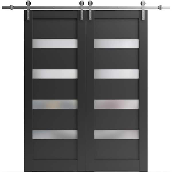Sartodoors 30 in. x 80 in. 2 Panel Frosted Glass Black Matte Solid MDF Sliding Barn Door with Hardware Kit
