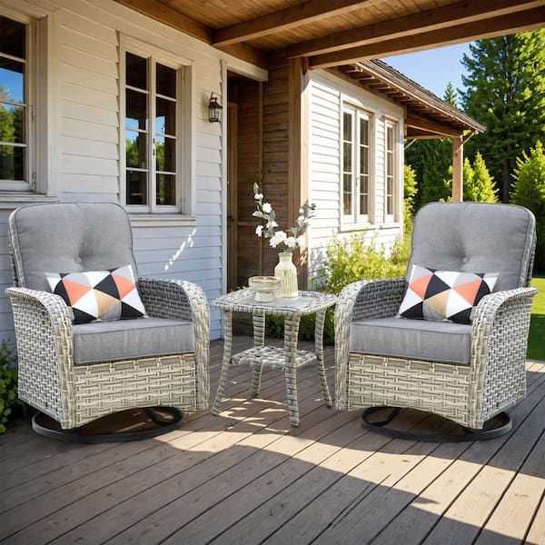 Clara 3-Piece Wicker Outdoor Patio Conversation Swivel Chair Set with a Side Table and Dark Grey Cushions