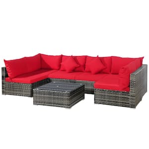 7-Piece Wicker Outdoor Sectional Sofa Set for Patio Garden, Free Combination with Red Cushion