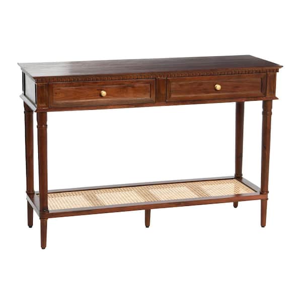 Storied Home Maxwelton 48 in. Dark Chestnut Finish Acacia Wood Console Table with Drawers and Woven Cane Shelf