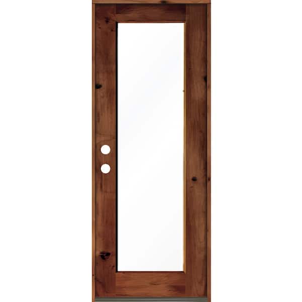 Krosswood Doors 32 in. x 96 in. Rustic Knotty Alder Wood Clear Full-Lite Red Chestnut Stain Right Hand Inswing Single Prehung Front Door