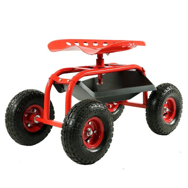 Sunnydaze Red Steel Rolling Garden Cart with 360-Degree Swivel Seat and Tray