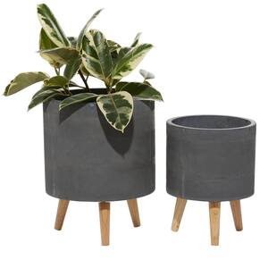 13 in., and 16 in. Medium Gray Ceramic Indoor Outdoor Planter with Wood Legs (2- Pack)